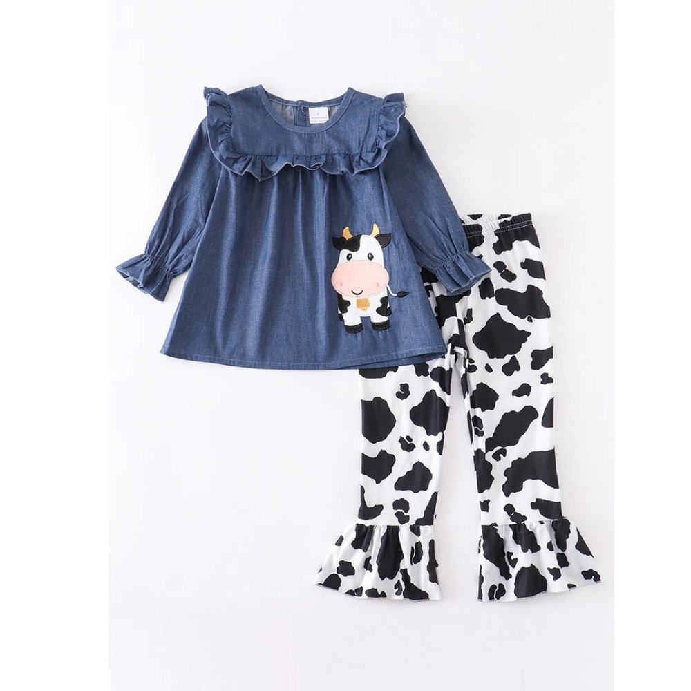 Denim Cow Applique Bell Pants Set New!